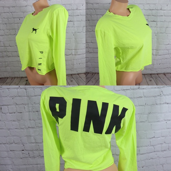 PINK Victoria's Secret Tops - VS PINK Logo Print Long Sleeve Crop Top Neon Green